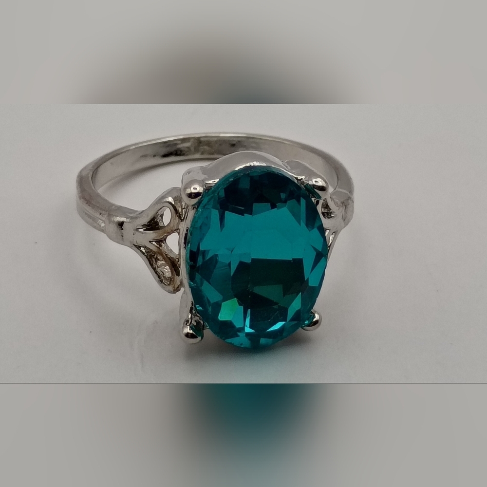 Silver Plated Turquoise Oval Ring Size 9 Statement Solitaire Teal